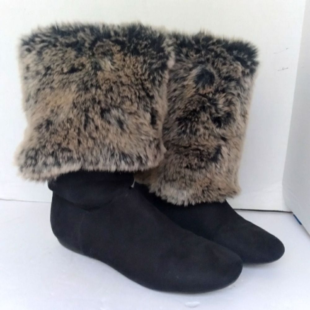 Black Faux Suede Fold Over Mid Calf Boots with Brown Faux Fur Trim Flat Sole
